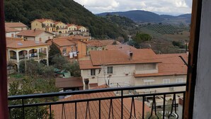 A balcony with a view of terracotta-roofed buildings, a hillside, and a distant mountain range. - DUETERRE ROOM & HOST (Amelia)