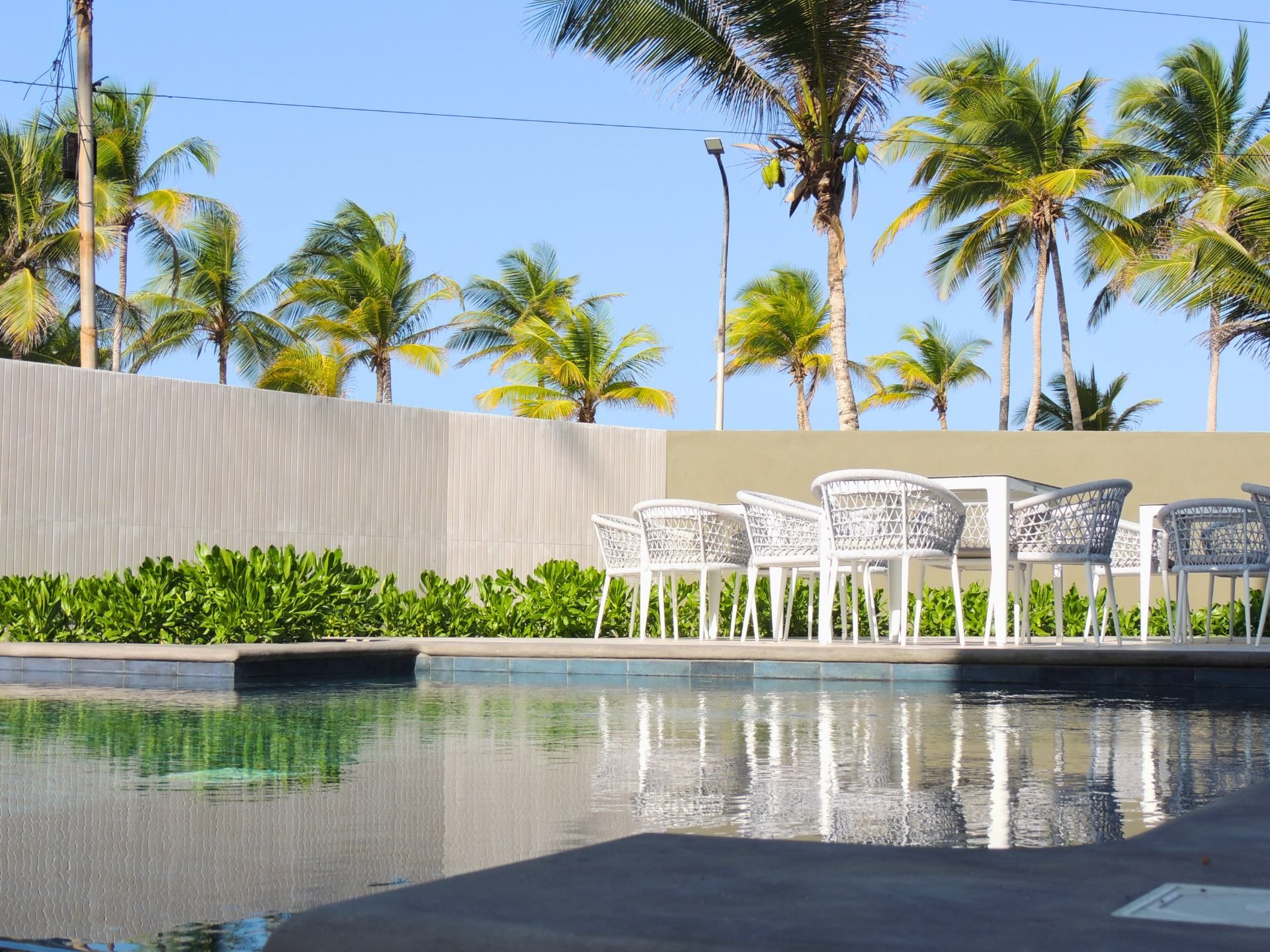 A swimming pool with white chairs and palm trees in the background.