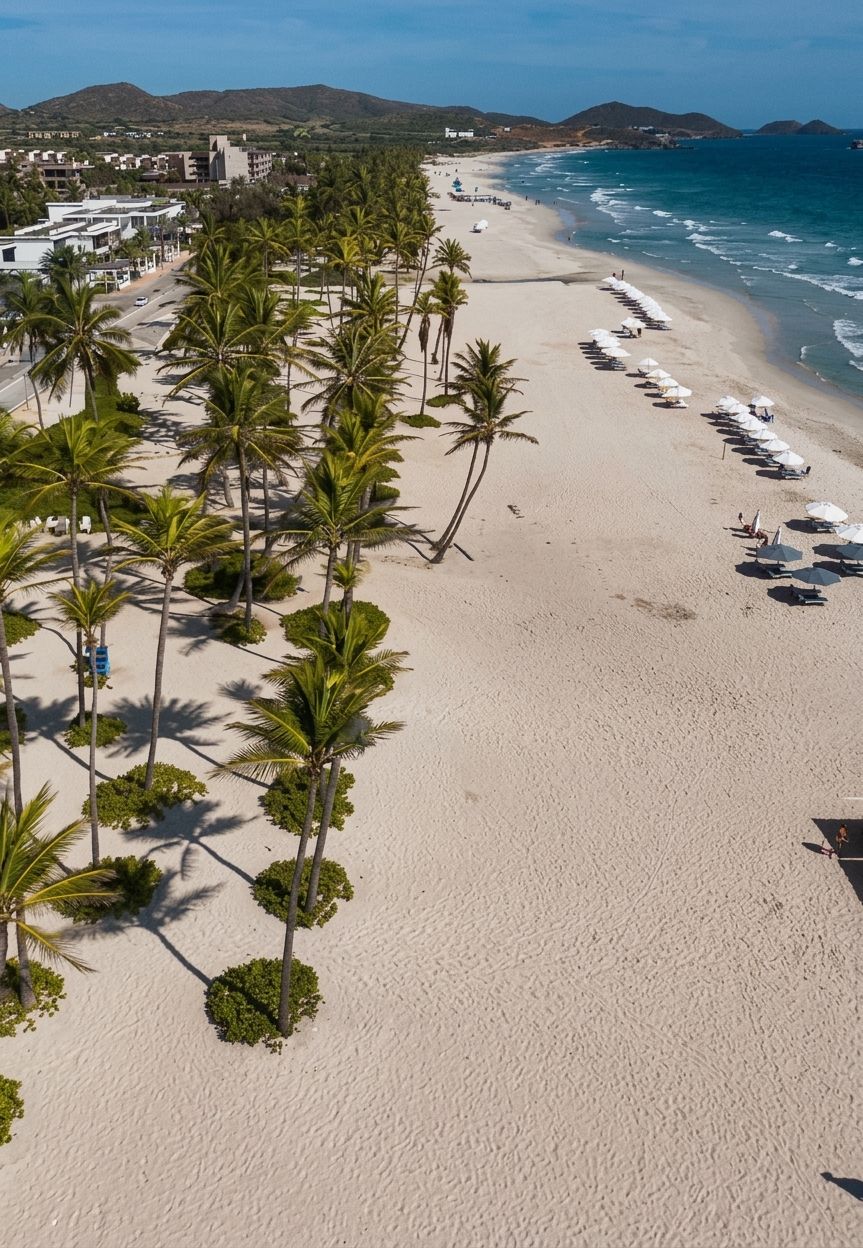 Een strand met palmbomen en parasols, een heldere lucht en uitzicht op de oceaan.