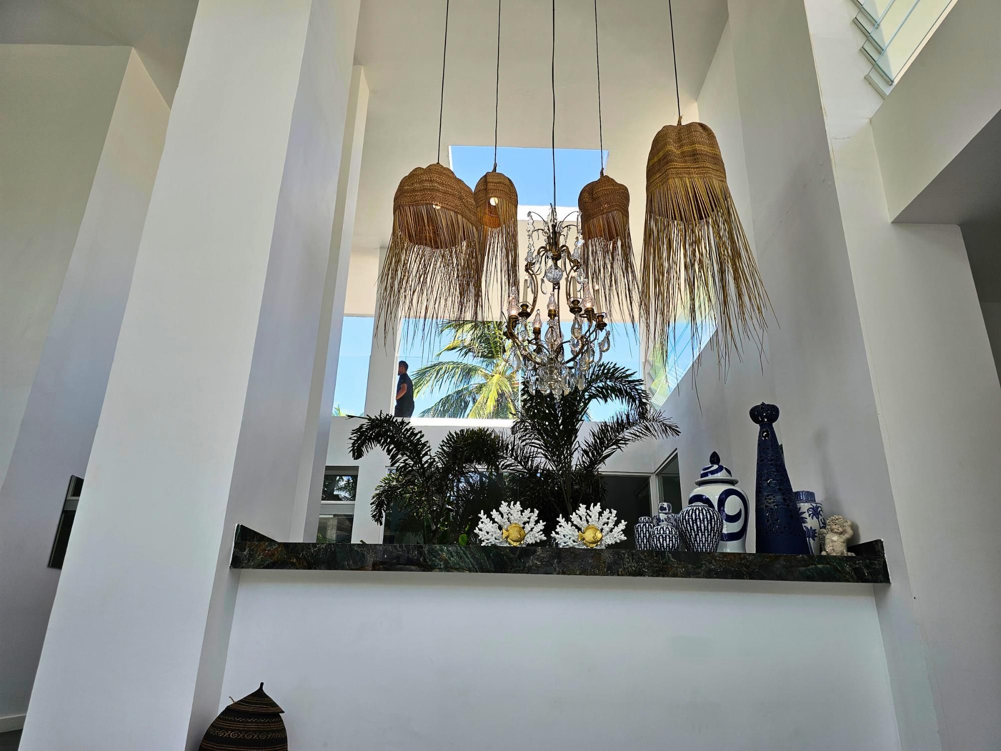 A modern interior with a large chandelier, a decorative plant arrangement, and a white wall.