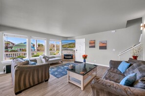 Smart TV, fireplace, books, computer monitors