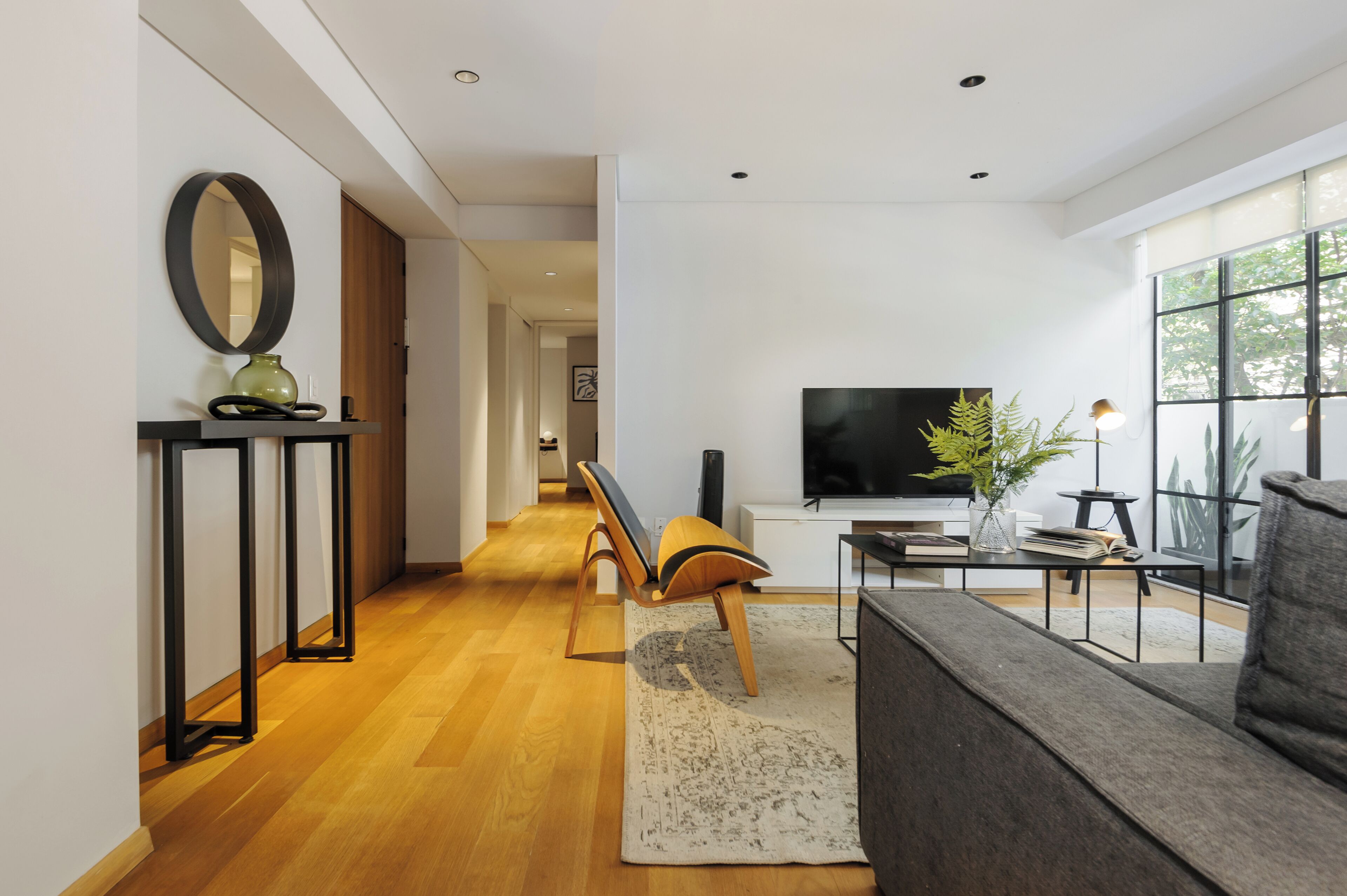 A modern living room with a sofa, a TV, and a plant.