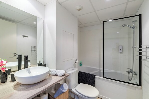 Hair dryer, towels, soap, toilet paper