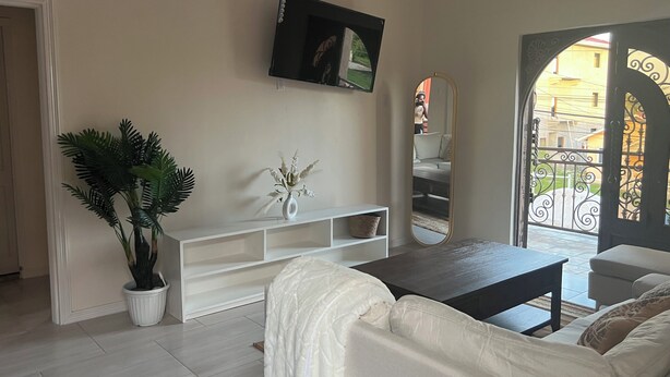 Ein Wohnzimmer mit einer Couch, einem Couchtisch, einem an der Wand montierten Fernseher, einer Topfpflanze und einem Konsolentisch mit einer Vase.