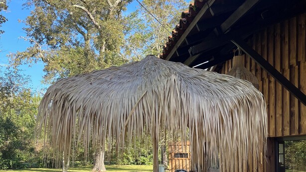Una terrassa de fusta amb mobles de vimet, un parasol de palla i vista a un pati amb gespa i arbres.