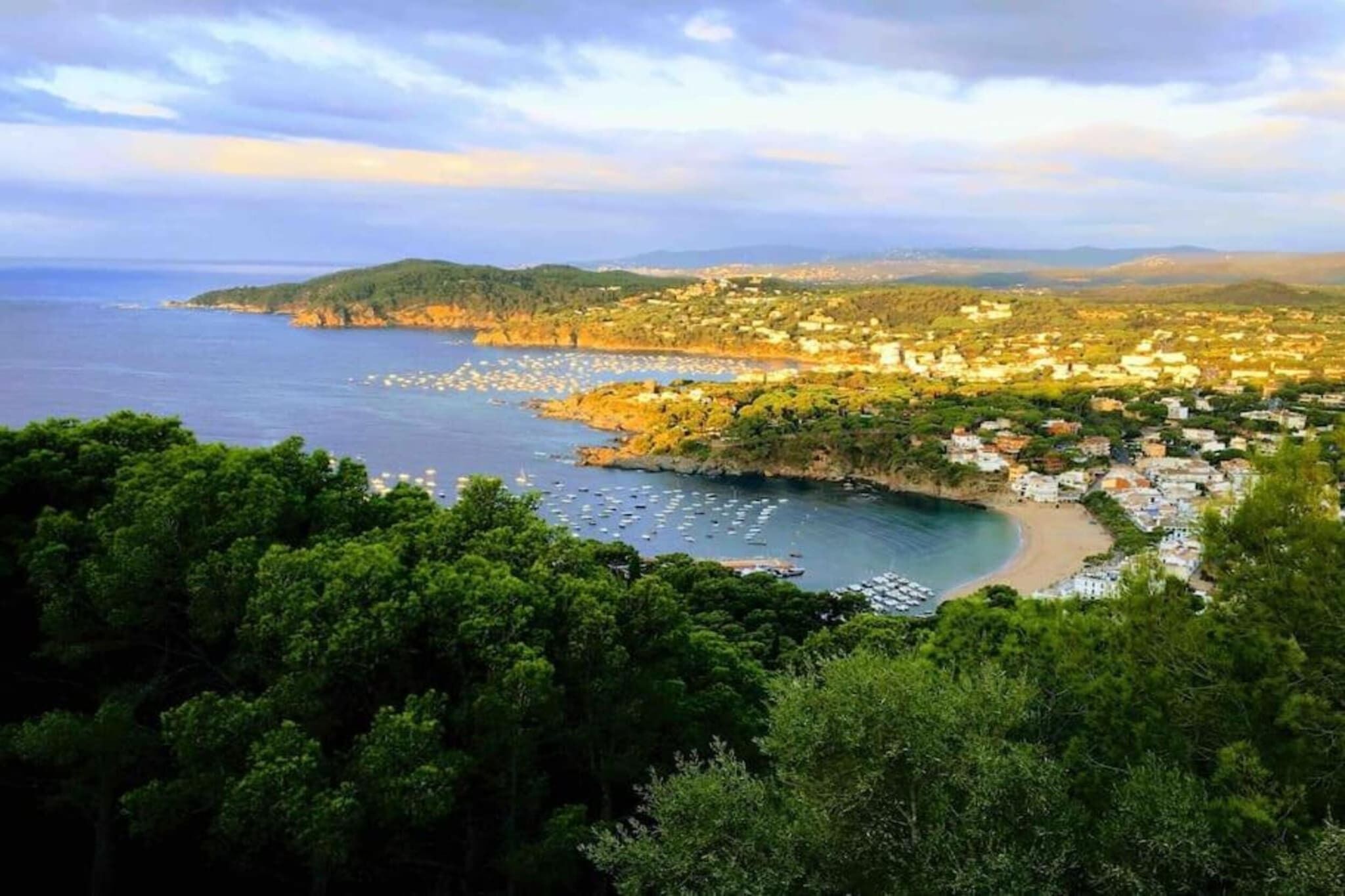 Uma vila costeira com praia, barcos e vegetação densa.