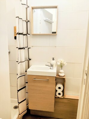 Hair dryer, towels, soap, toilet paper