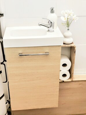 Hair dryer, towels, soap, toilet paper