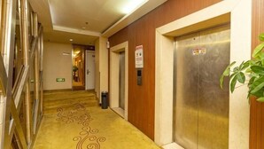 En hotels korridor med tæppe, elevator og en plante.