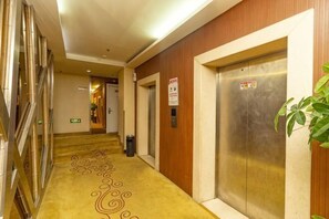 Un pasillo de hotel con piso alfombrado, un ascensor y una planta.