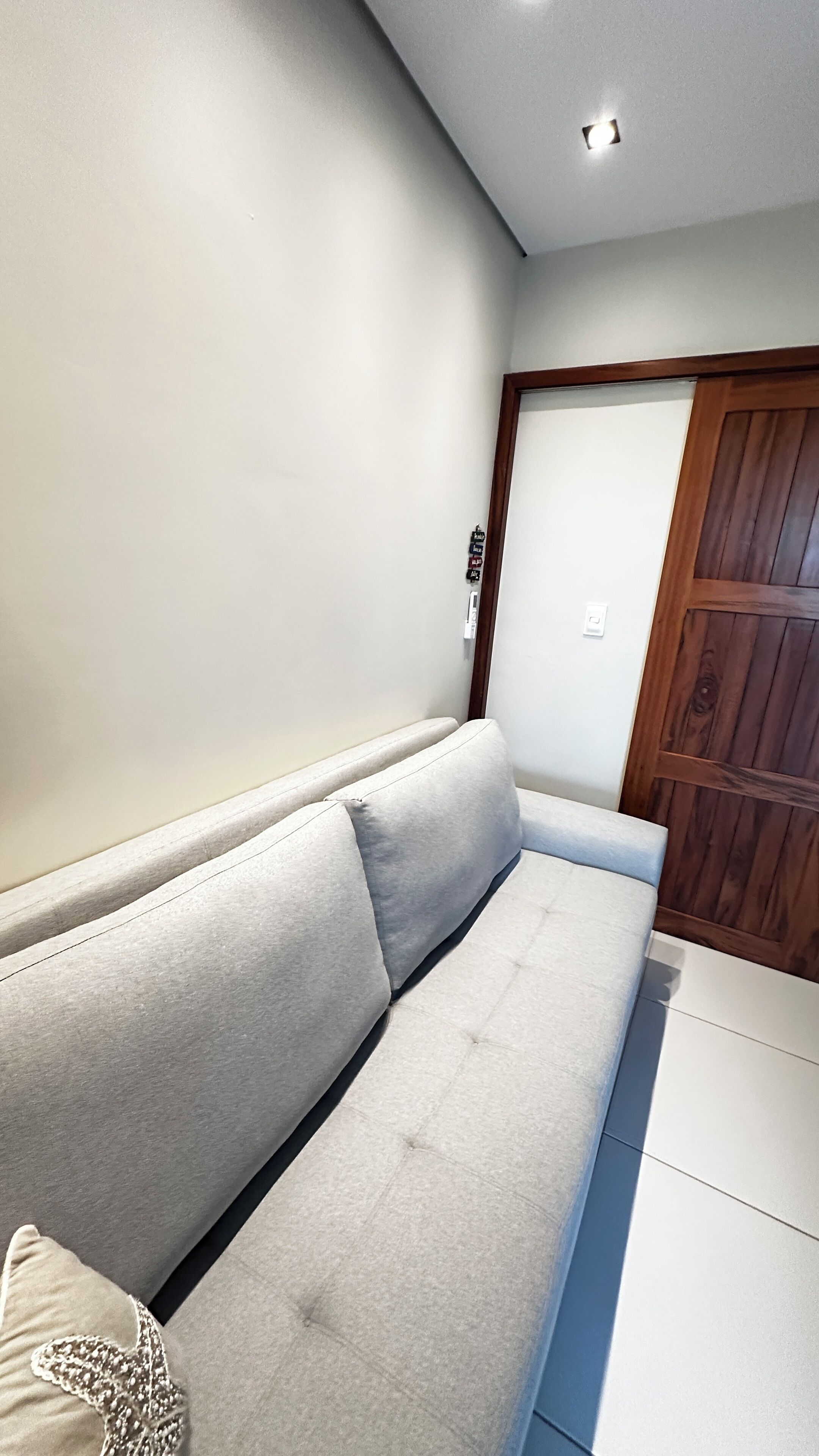Una sala de estar moderna con un sofá gris, una puerta de madera y una pared de color claro.