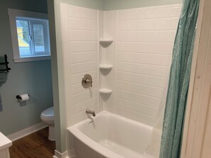 Hair dryer, towels, soap, shampoo