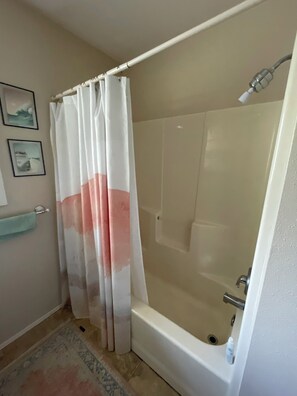 Hair dryer, towels, soap, shampoo
