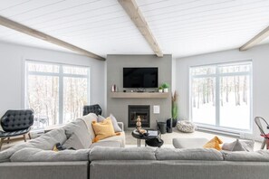 Smart TV, fireplace, video games, DVD player