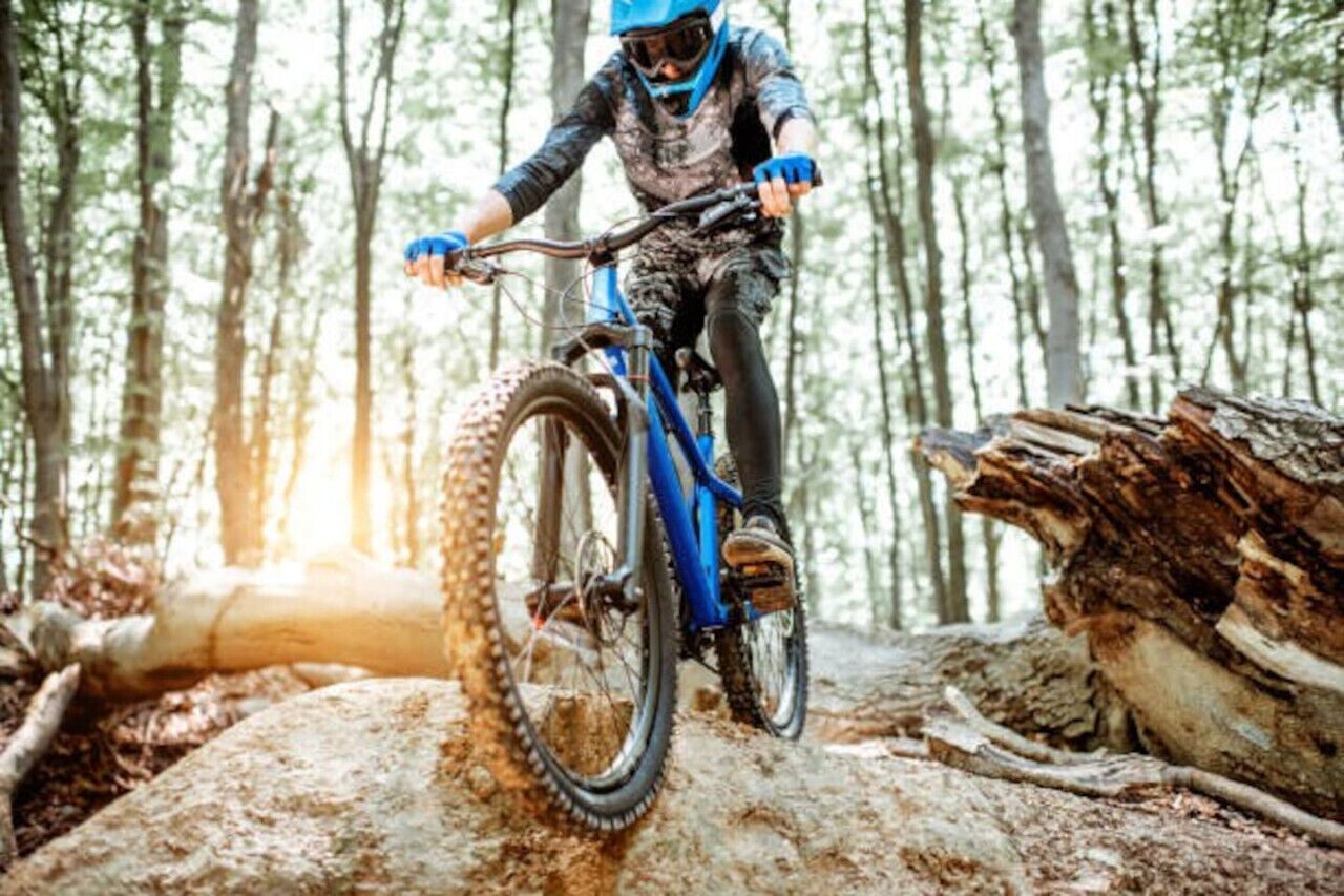 Una persona montando una bicicleta de montaña por un sendero en un área boscosa.