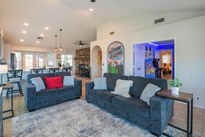 TV, fireplace, books