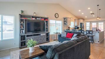 TV, fireplace, books