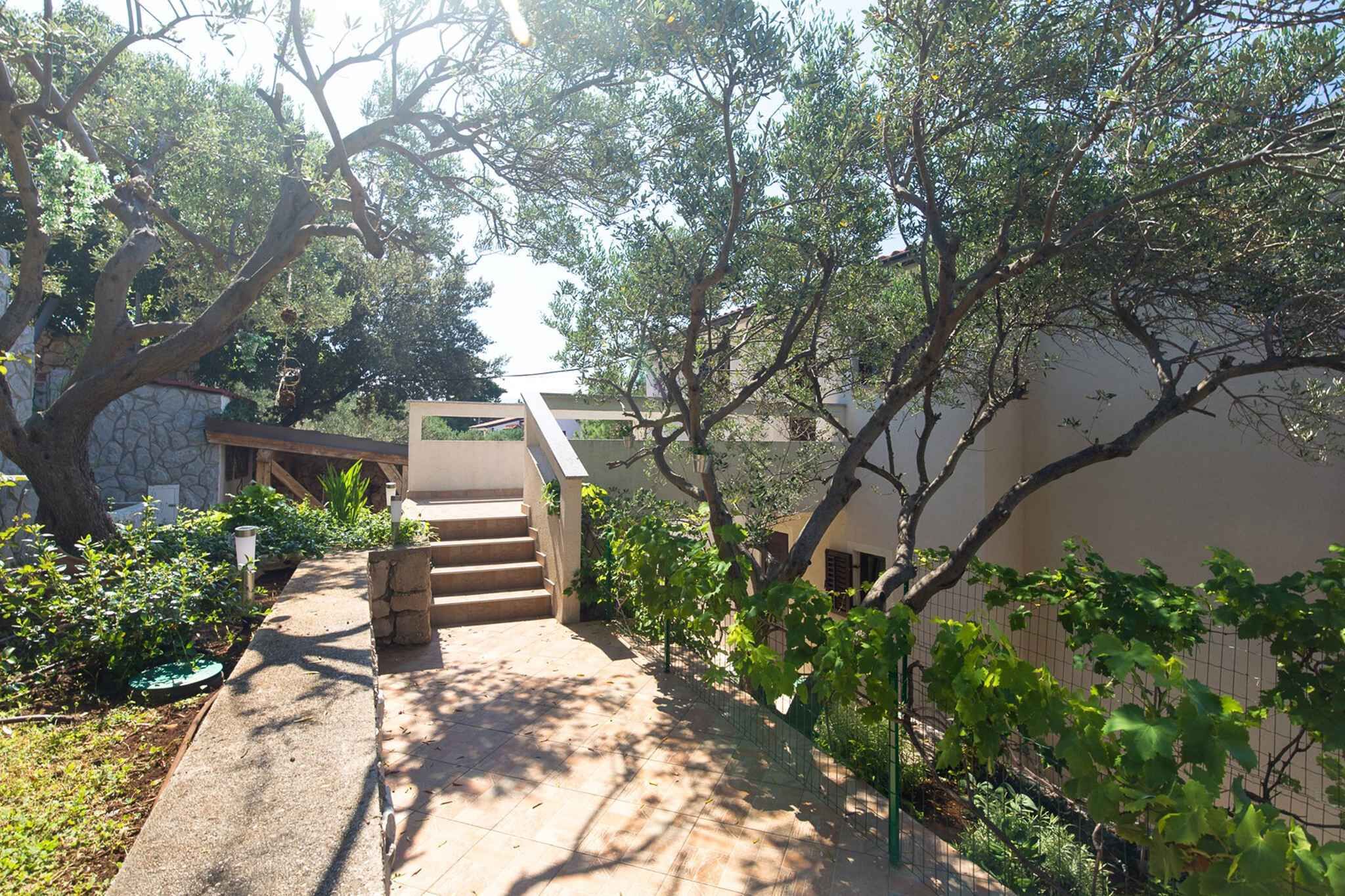 A concrete pathway leading to a staircase surrounded by lush greenery and a fence.