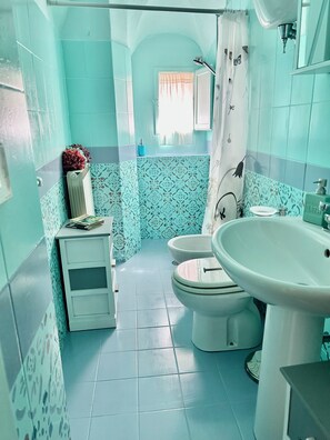 Een douche, een haardroger, een bidet, handdoeken