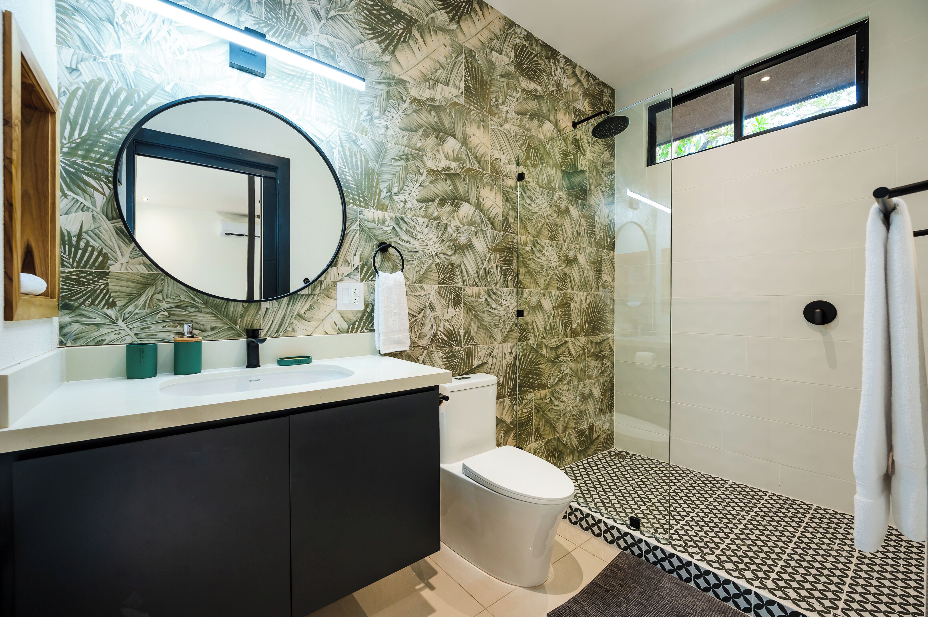 Hair dryer, towels, soap, toilet paper