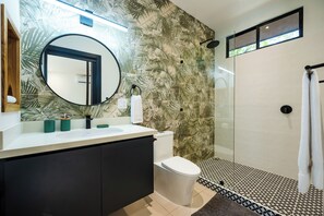 Hair dryer, towels, soap, toilet paper