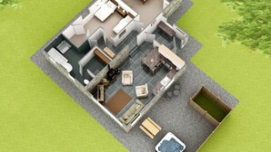 A 3D floor plan of a hotel room with a bathroom, kitchenette, dining area, and a small outdoor hot tub. - Smiddy Cottage -  a cottage that sleeps 4 guests  in 2 bedrooms (Glenshee)