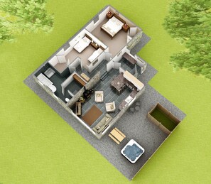 Plano de planta en 3D de una habitación de hotel con baño, kitchenette, zona de comedor y un pequeño jacuzzi exterior.