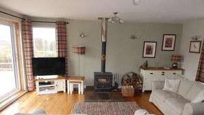 A living room with a sofa, TV, fireplace, and a window with curtains. - Groose Hoose -  a cottage that sleeps 4 guests  in 2 bedrooms (Glenshee)
