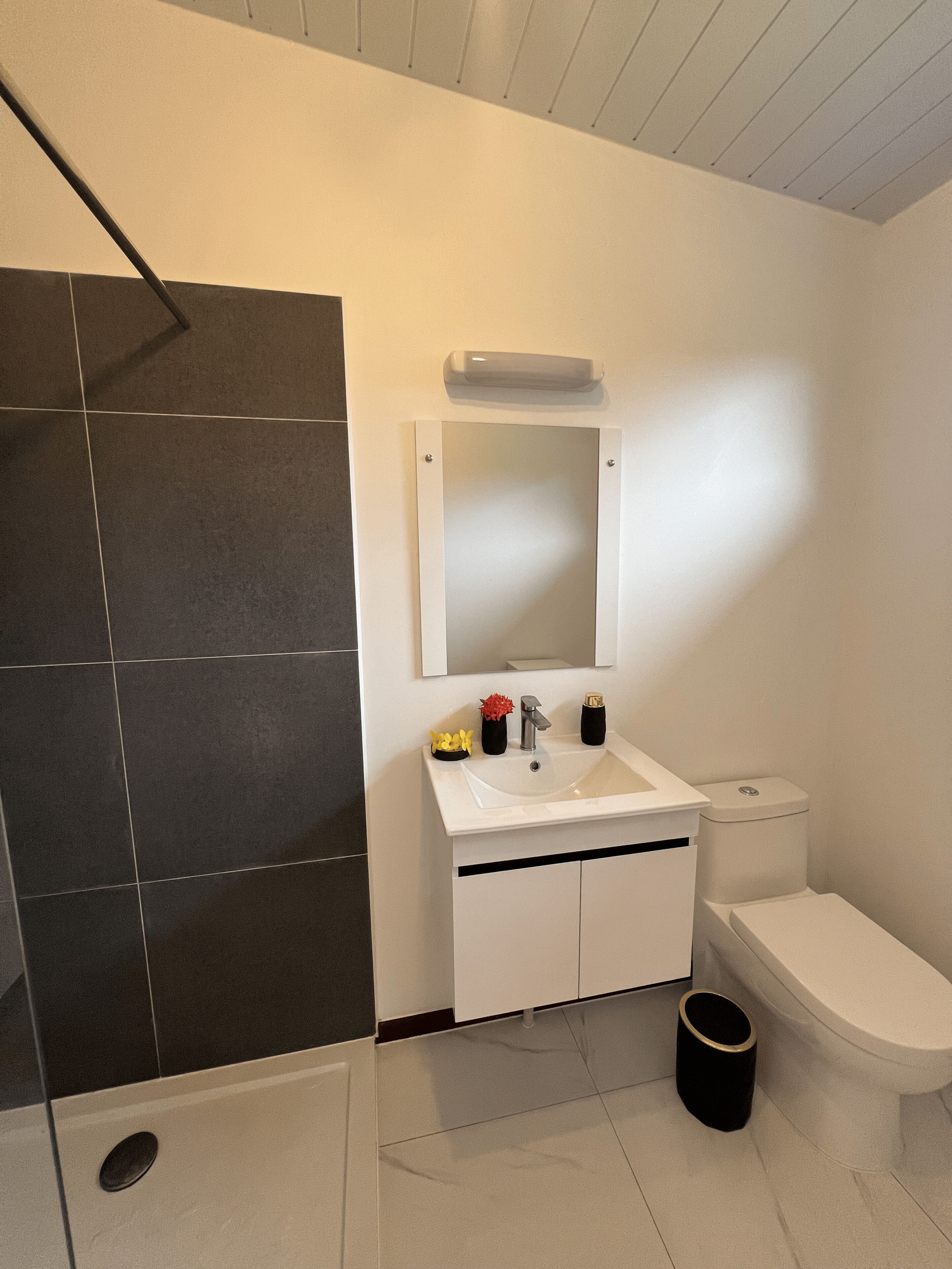 A modern bathroom with a white sink, mirror, and toilet. There is a shower area with dark tiles and a black trash can.