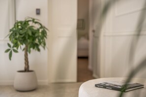 Une plante en pot et une pile de livres sont posés sur un pouf blanc dans un couloir.