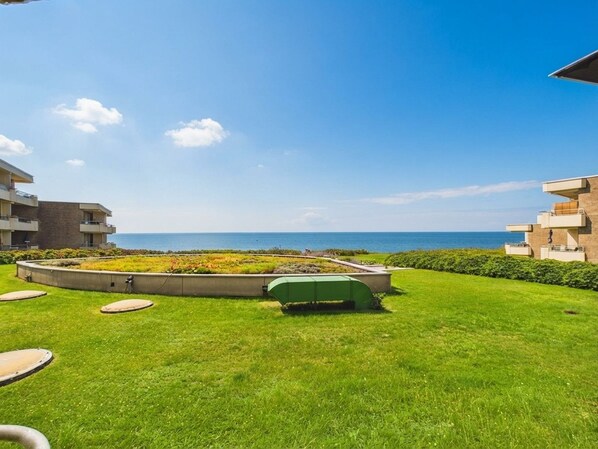 A residential area with a grassy lawn, a circular garden, and a view of the sea.
