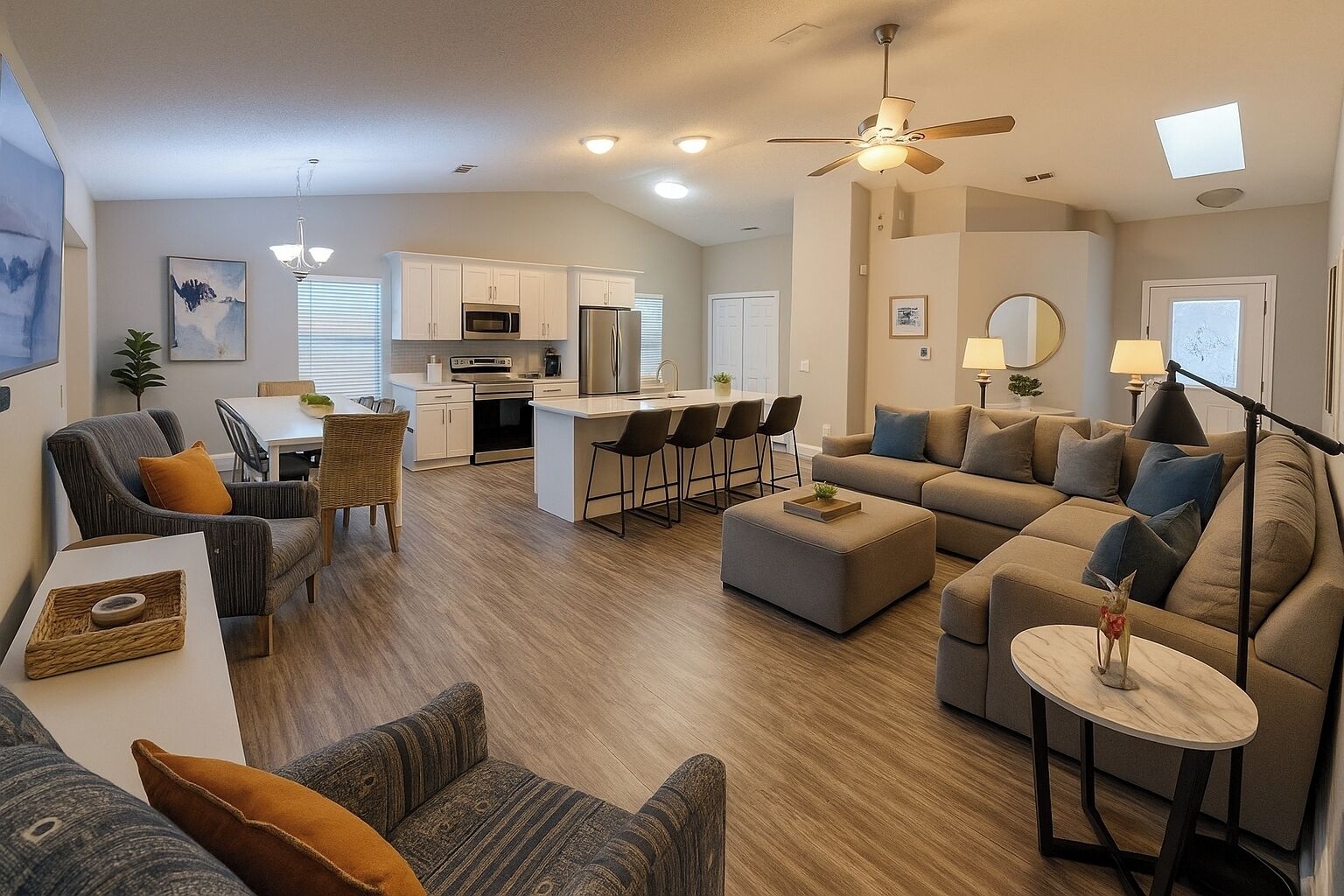 A modern living room with a sofa, ottoman, and chairs, a dining area with a table and chairs, and a kitchen with white cabinets and appliances.