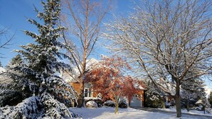Uma área residencial coberta de neve, com uma casa de tijolos, uma garagem e árvores carregadas de neve.