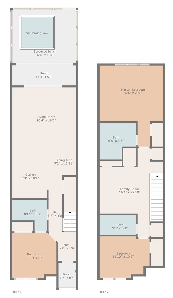 Planta baixa de uma casa com dois andares, incluindo suíte principal, sala de estar, cozinha, área de jantar, quartos e varanda envidraçada.
