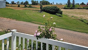 En vy från en veranda med ett vitt räcke, med utsikt över en grön gräsmatta och en avlägsen byggnad.