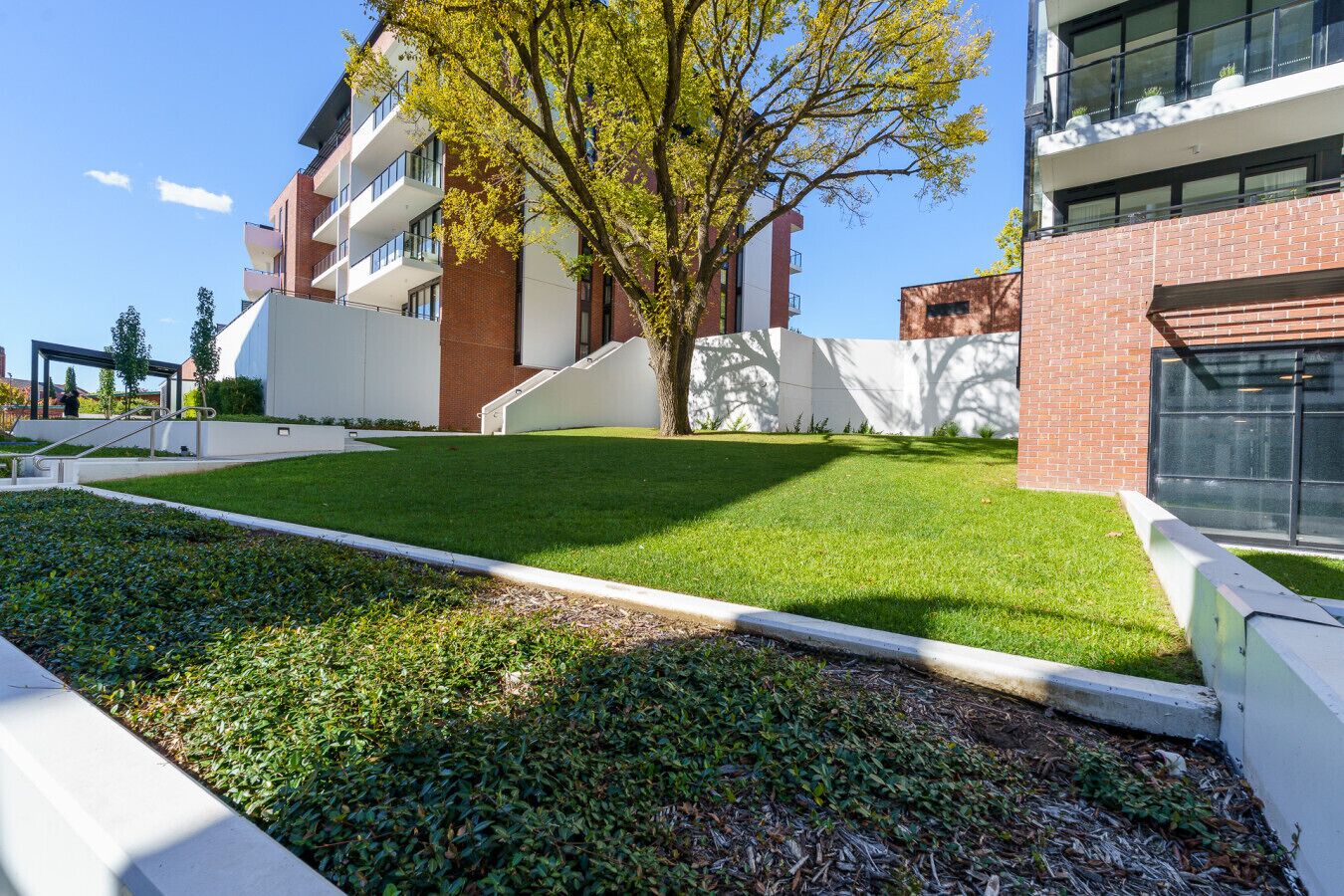 A modern building with a flat roof, large windows, and a well-maintained lawn.