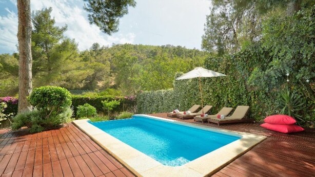 Ein rechteckiger Pool mit Holzterrasse, umgeben von üppiger Bepflanzung und einem weißen Sonnenschirm.