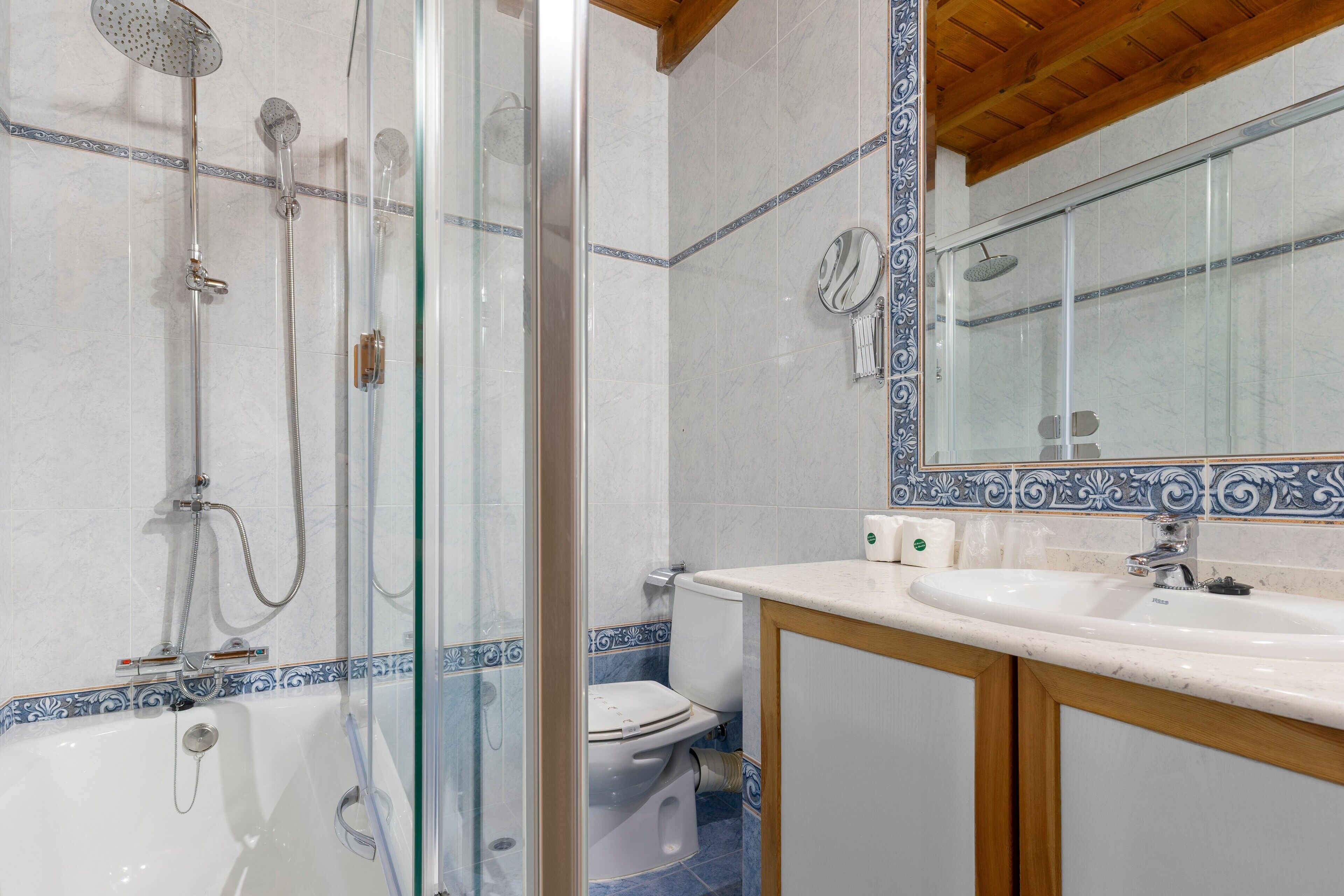A bathroom with a glass-enclosed shower, a toilet, and a sink with a mirror above it.