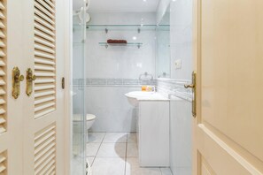 Shower, hair dryer, towels