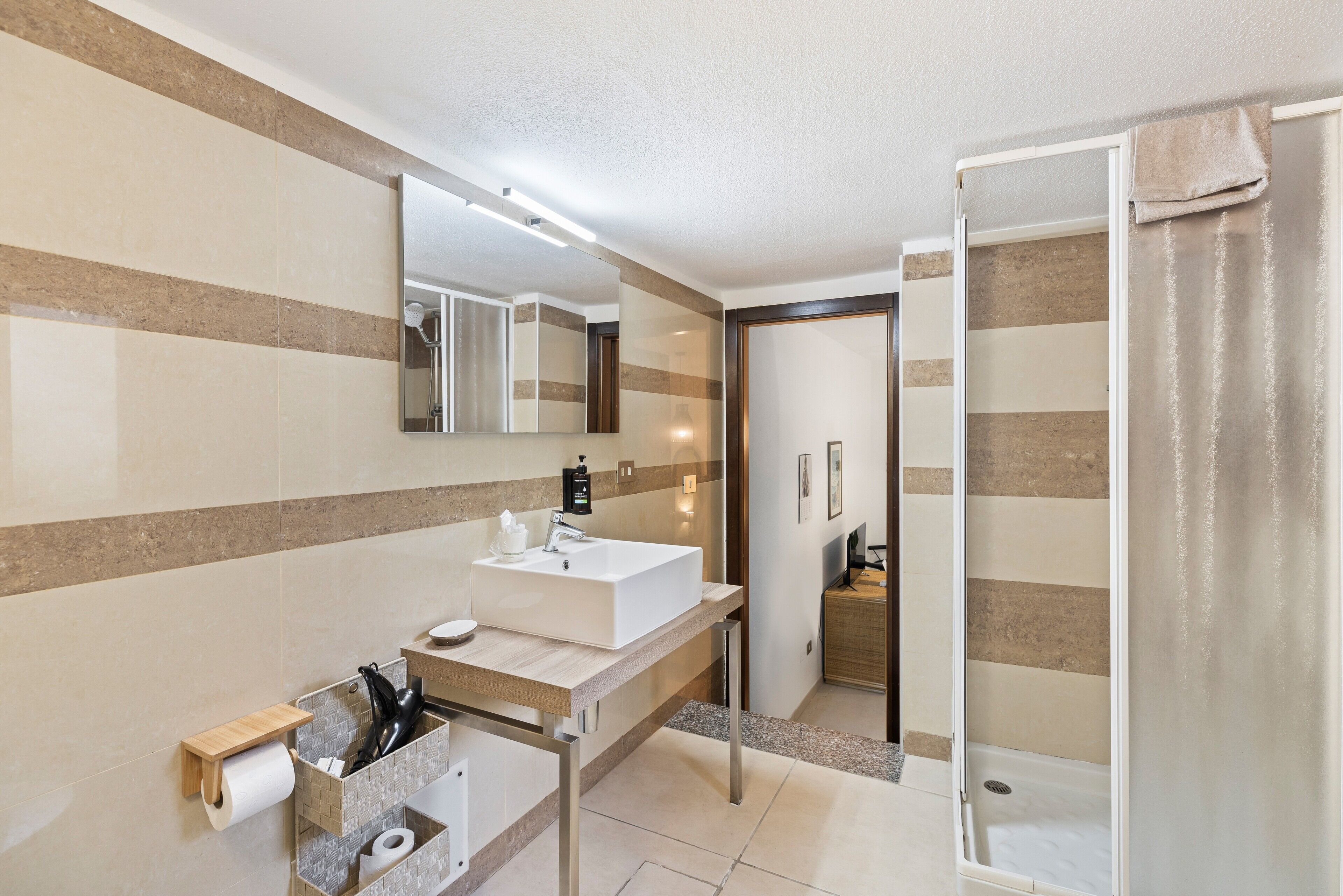 Shower, hair dryer, towels