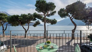 Een groene tafel met kopjes en een bloem, een metalen hek en bomen langs het water.