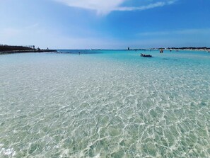 Une plage avec une eau turquoise et limpide, une côte lointaine et quelques personnes aperçues au loin.