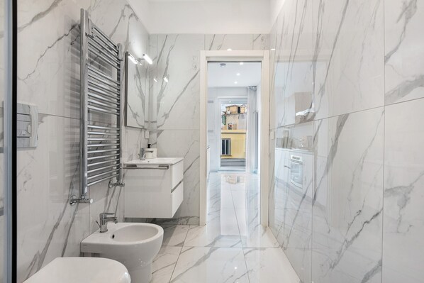 Shower, hair dryer, towels