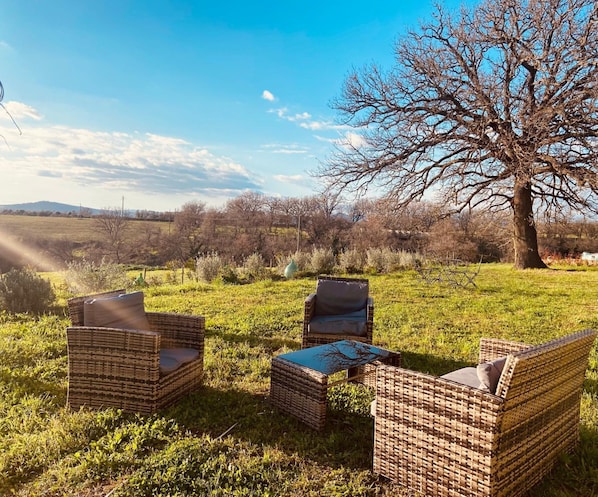 Wicker furniture in an outdoor setting with a tree and a view of the landscape.
