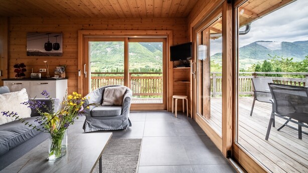 A wooden interior with a sofa, a table with a vase of flowers, a television, and a view of mountains through large sliding doors. - Cottage 'Côté Giffre' with Lake View, Private Terrace and Wi-Fi (Châtillon-sur-Cluses)