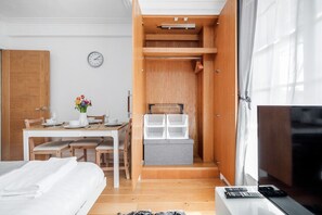 1 bedroom, desk, iron/ironing board, travel cot