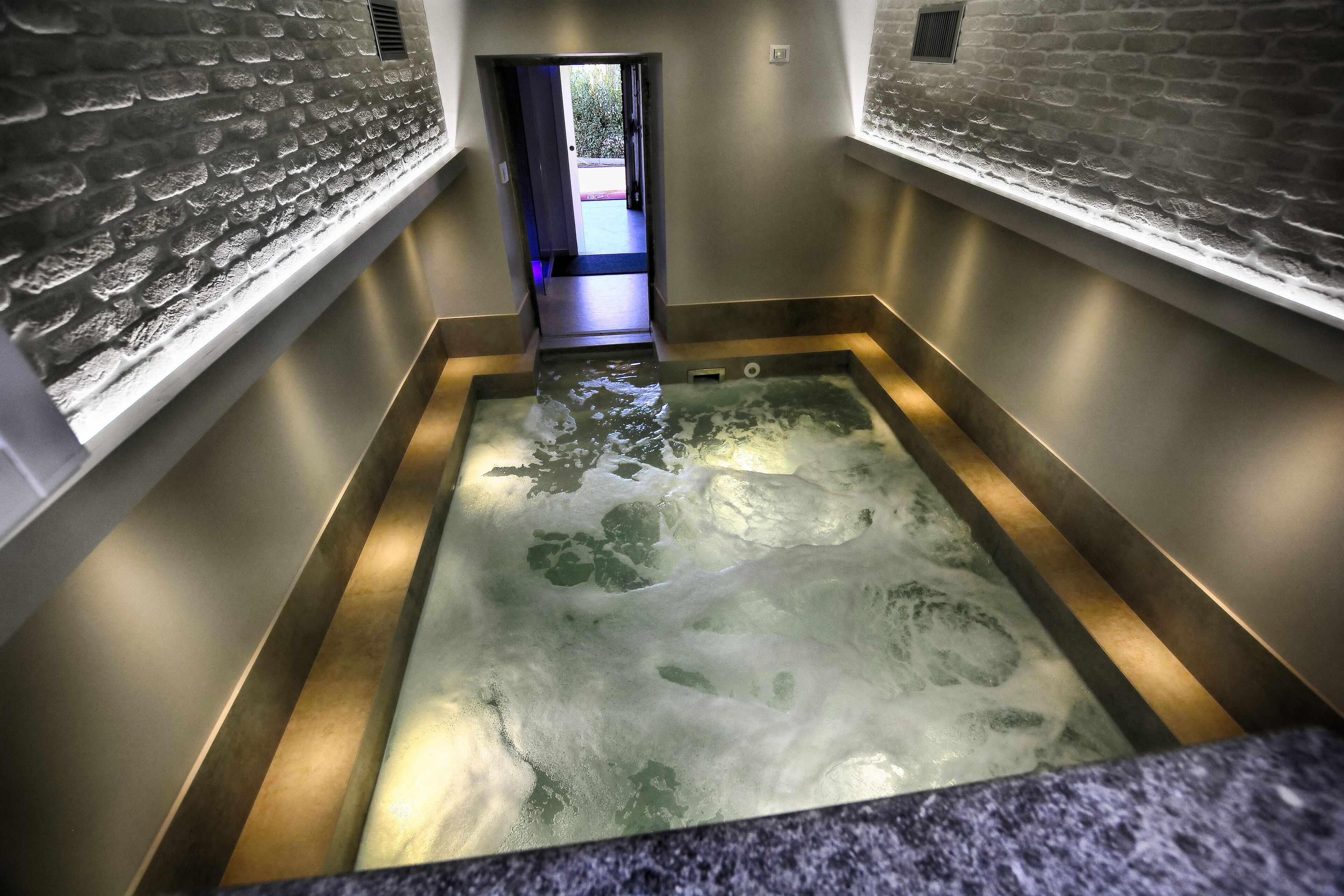 Un espace bien-être comprenant un jacuzzi, une douche et une vue sur l’extérieur.