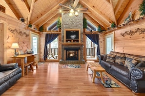 Smart TV, chimenea, libros