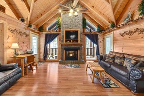 Smart TV, fireplace, books