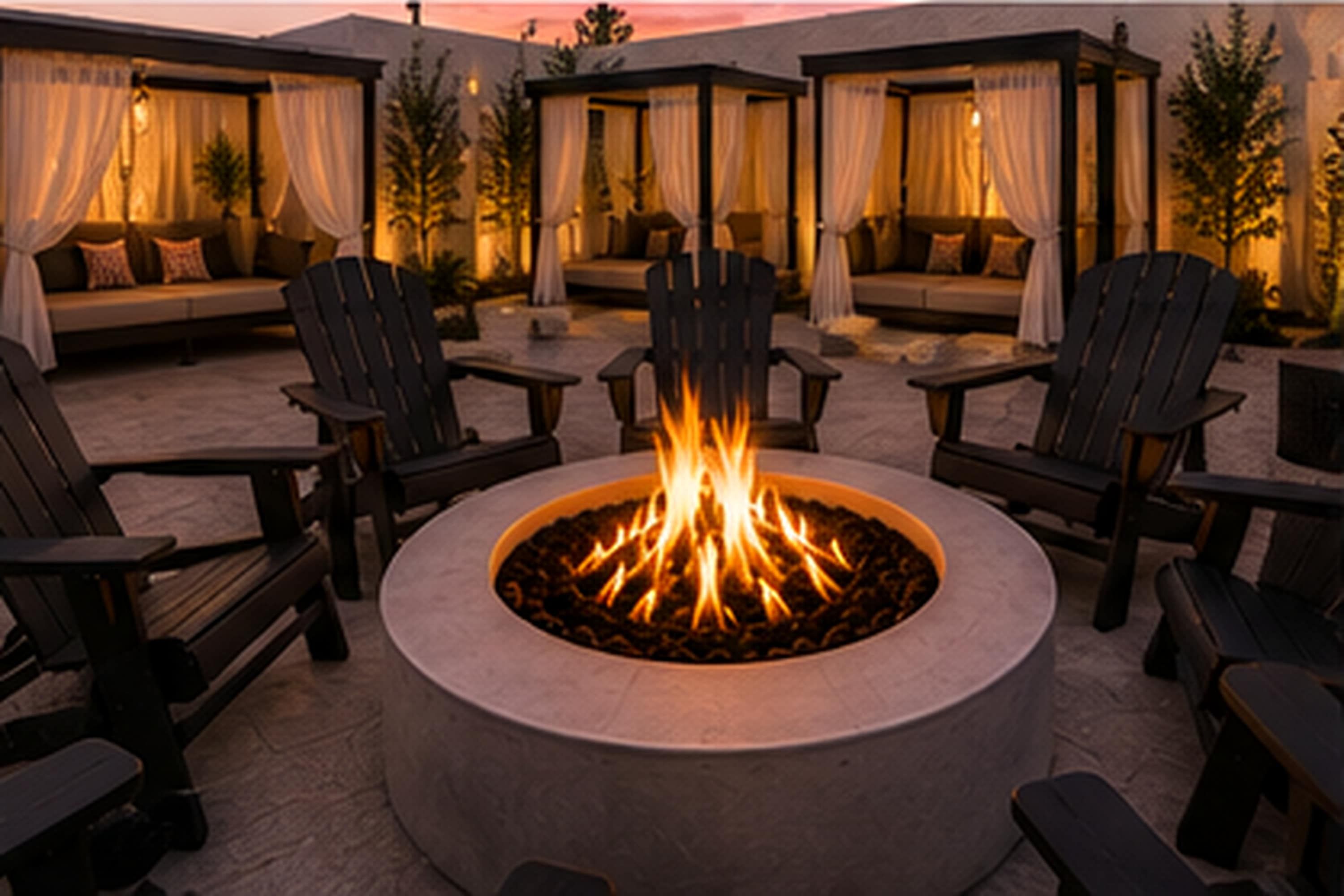 Ein runder Feuerkorb, umgeben von Adirondack-Stühlen in einer Außenlounge mit Sonnenuntergang im Hintergrund.